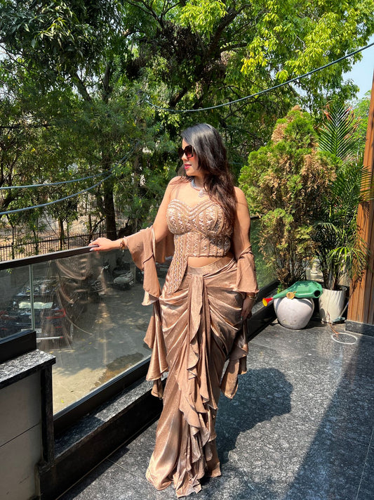 Noir Black Bronze & Beige Sculpt Drape Saree RC561