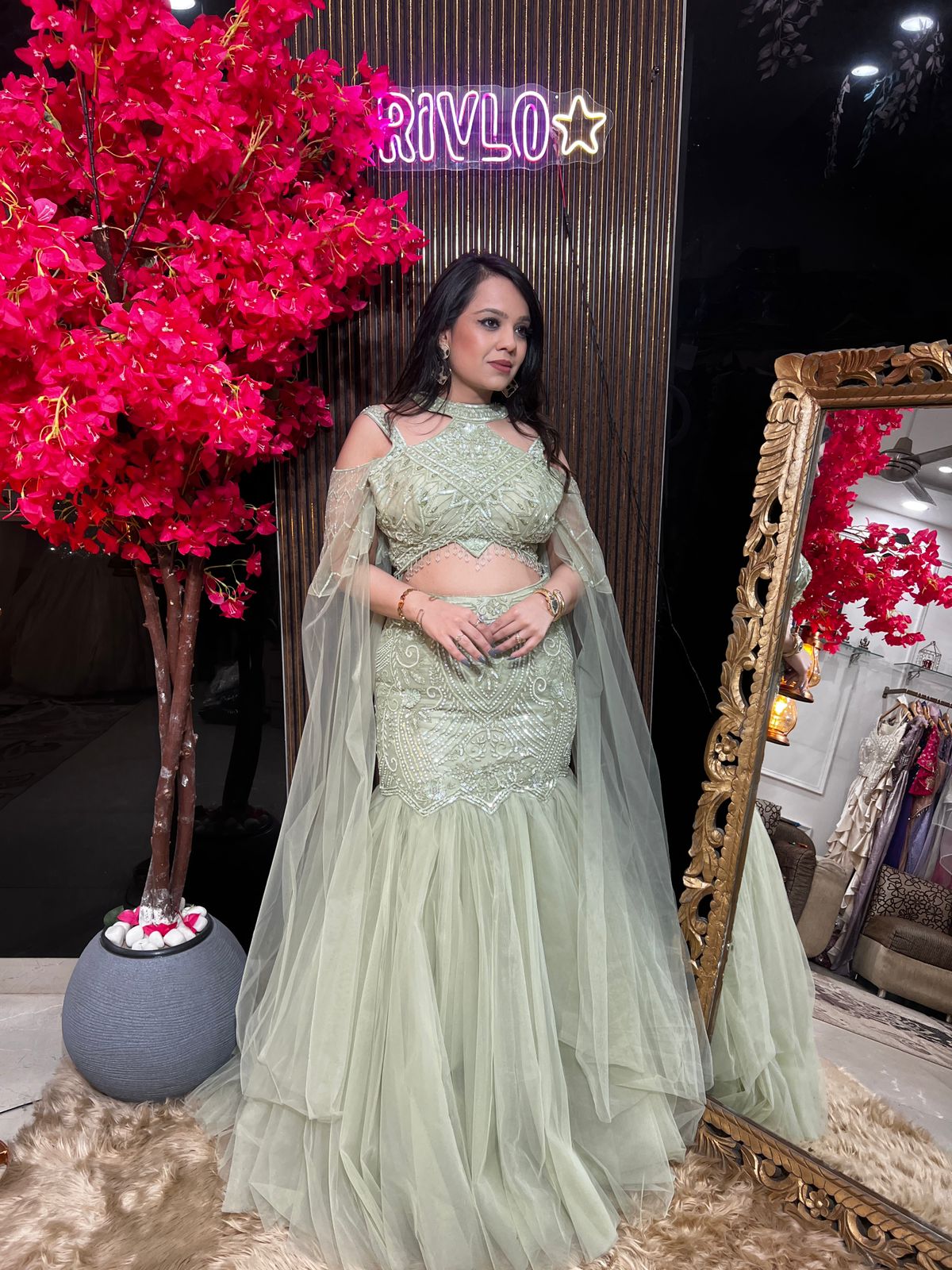 Green Embroidered Lehenga Set with Statement Blouse RC567