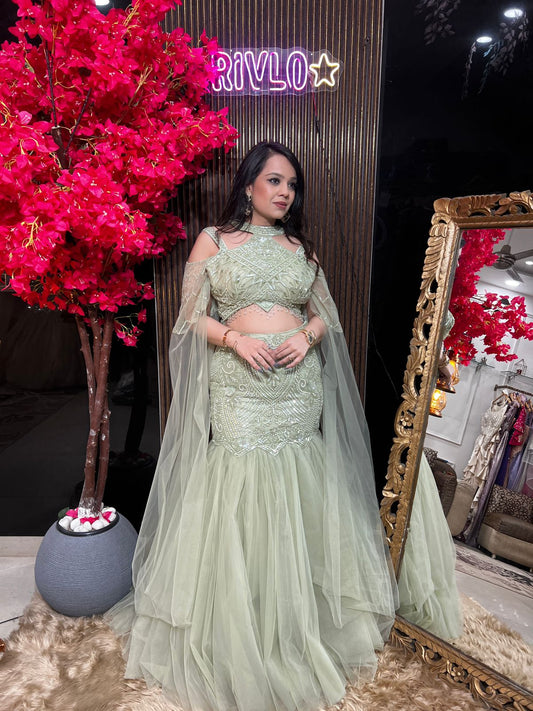 Green Embroidered Lehenga Set with Statement Blouse RC567