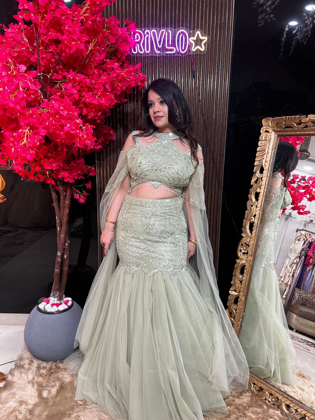 Green Embroidered Lehenga Set with Statement Blouse RC567