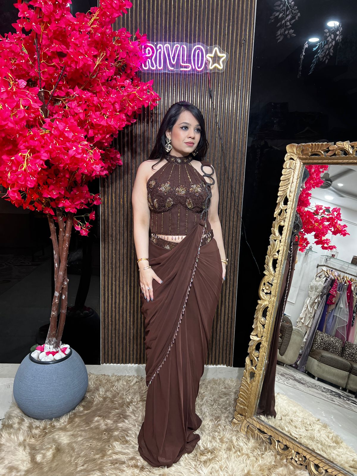 Cocoa and Black Embellished Halter Drape Set RC563