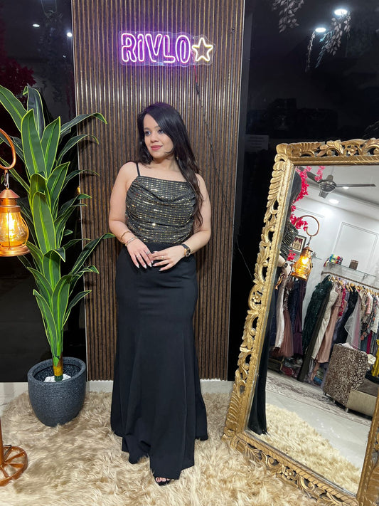 Partywear Golden Seq Box Gown Dress WC19