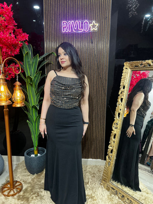 Partywear Bronze Seq Box Gown Dress WC20