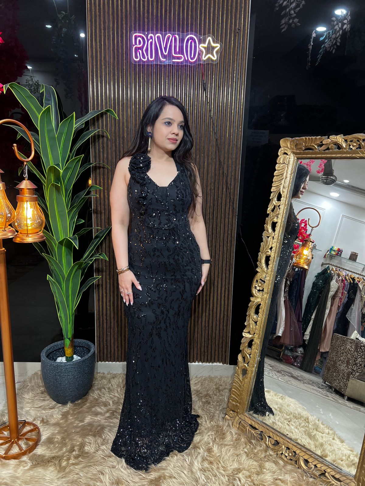 🌙BlacK Flower Sequined Draped Gown 🌙🌙 RC571