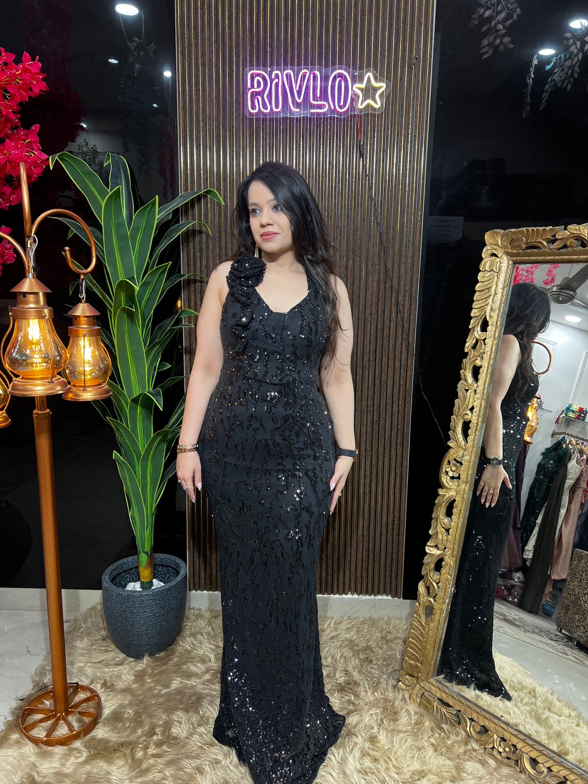 🌙BlacK Flower Sequined Draped Gown 🌙🌙 RC571