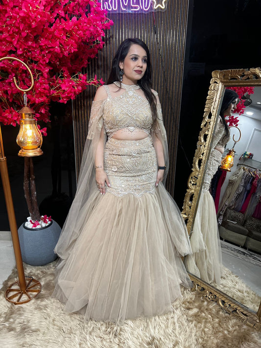 Beige Embroidered Lehenga Set with Statement Blouse RC572