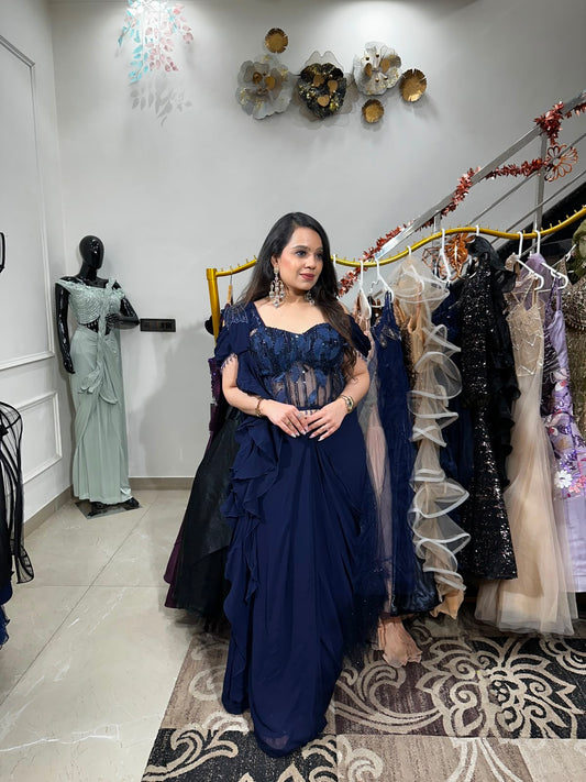 Midnight Sapphire & Black Ruffle Saree RC581