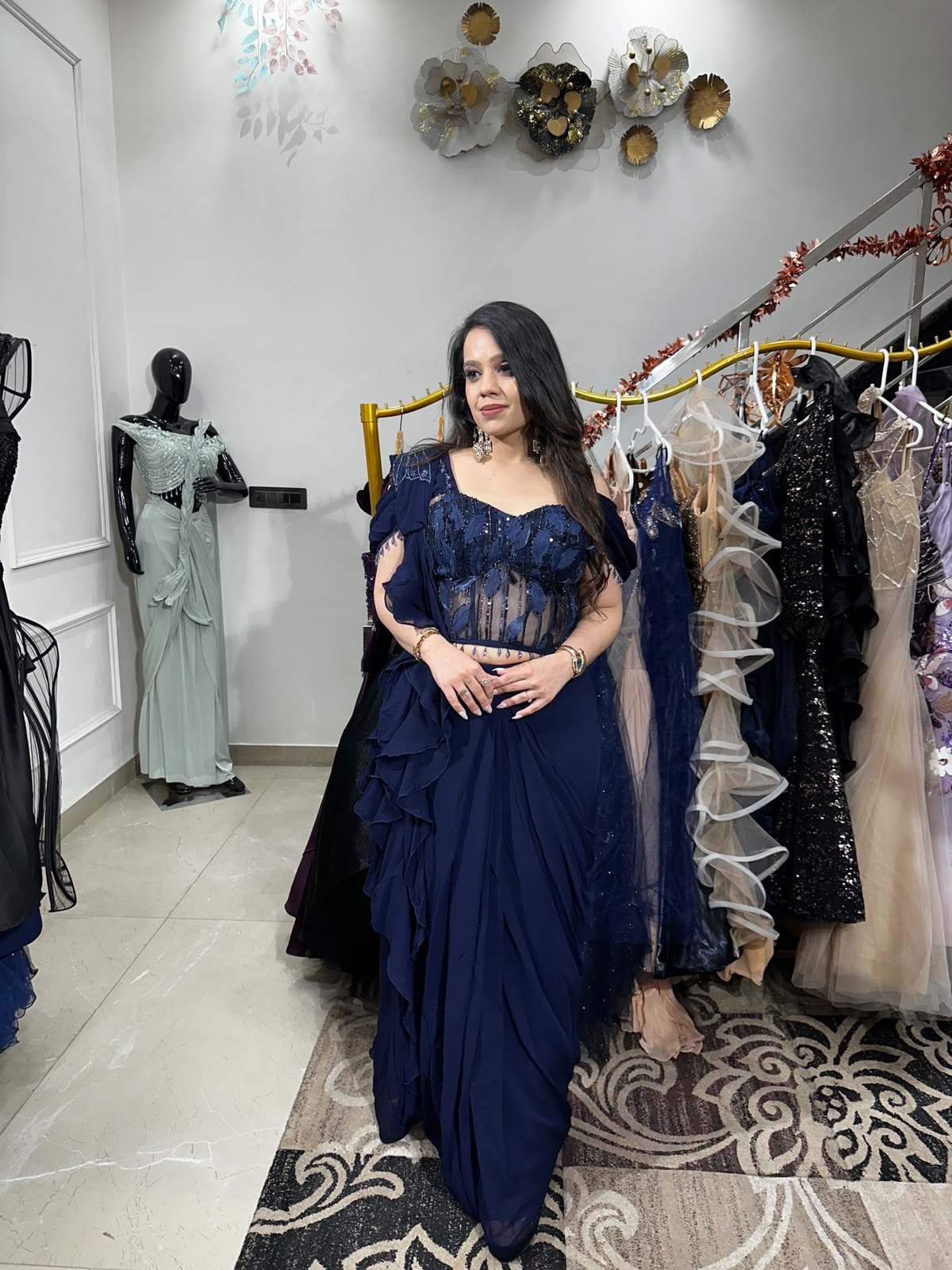 Midnight Sapphire Ruffle Saree RC581