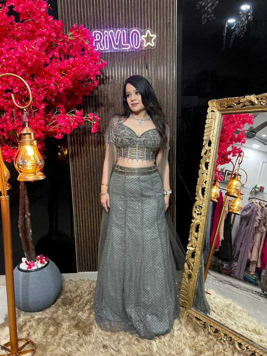 Grey and Powder Blue Cape Embellished Drape Set ✨ RC595