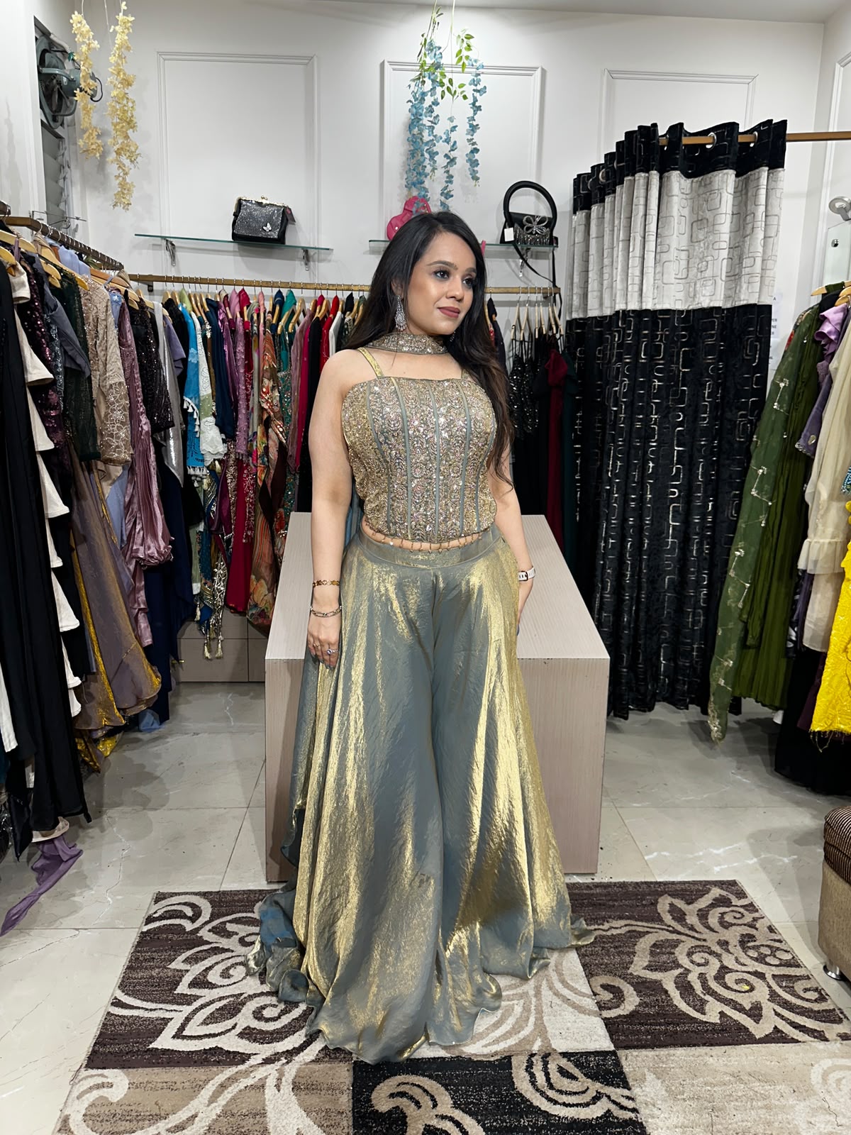 ✨ Metallic Olive & Goldish Green Corset Blouse with Divider Pants✨ AC84