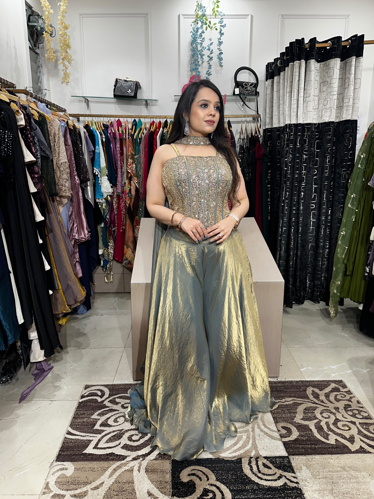 ✨ Metallic Olive & Goldish Green Corset Blouse with Divider Pants✨ AC84