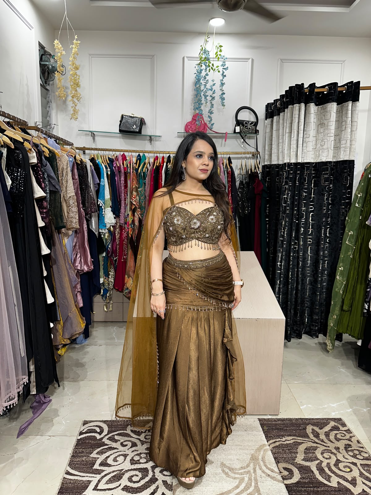 Antique Bronze Drape Saree Set With Cape RC598