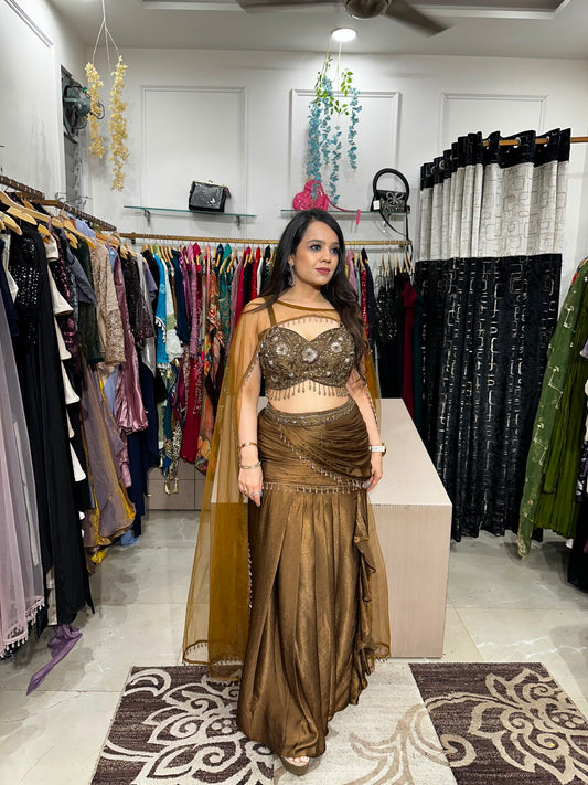 Antique Bronze Drape Saree Set With Cape RC598