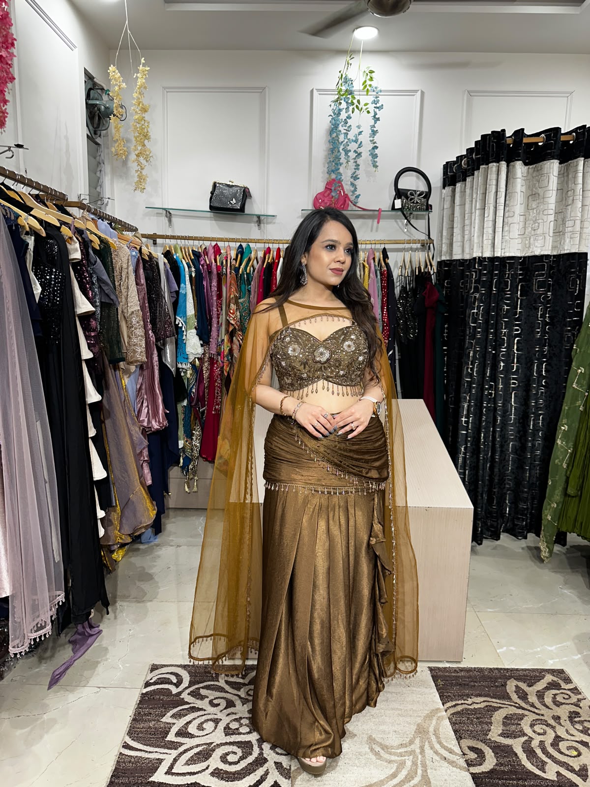 Antique Bronze Drape Saree Set With Cape RC598