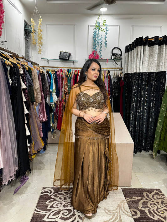 Antique Bronze Drape Saree Set With Cape RC598