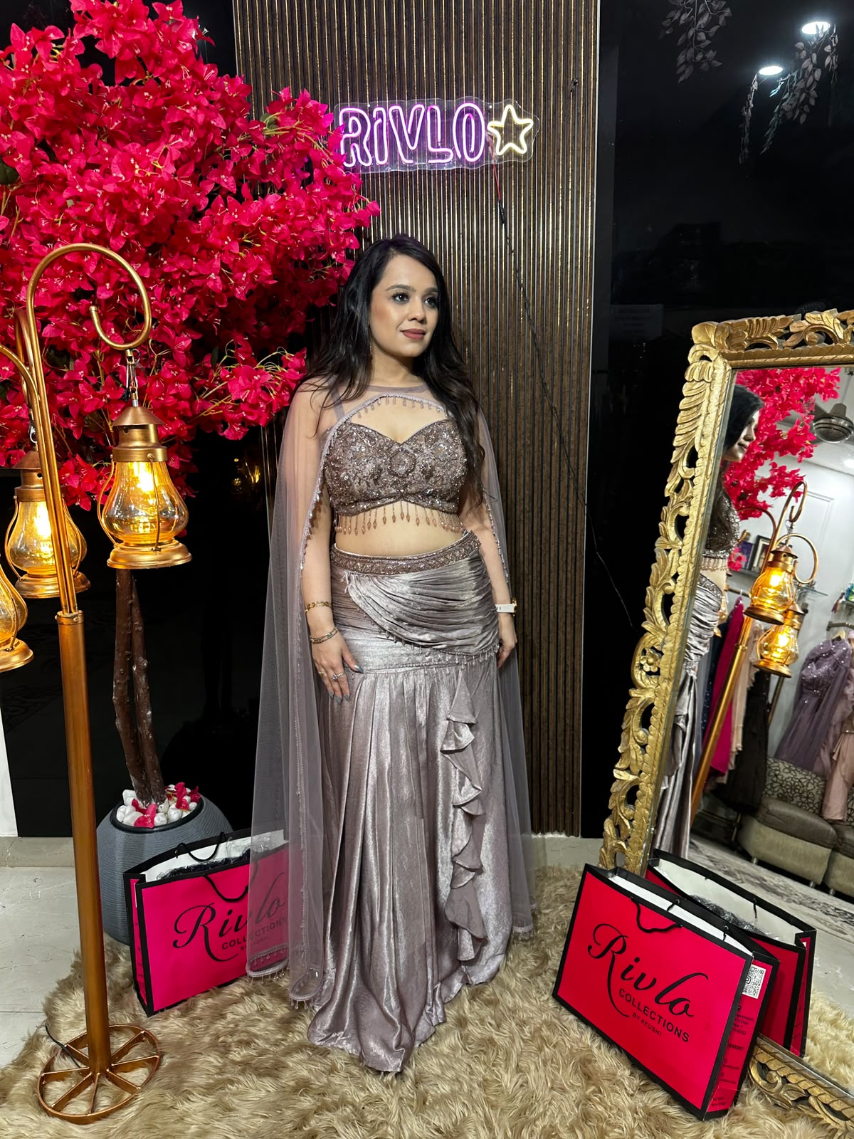 Antique Pink Drape Saree Set With Cape RC599