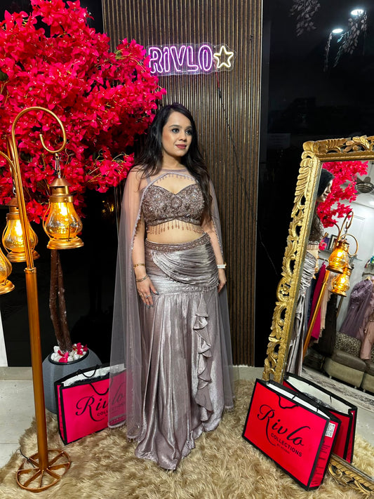 Antique Pink Drape Saree Set With Cape RC599