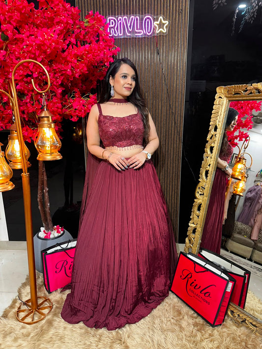Ruby Red Gold Cape Lehenga Set AC86