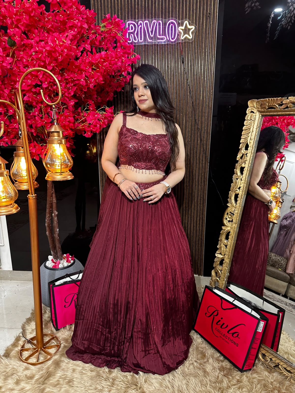 Ruby Red Gold Cape Lehenga Set AC86