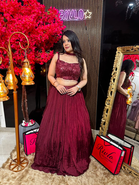 Ruby Red Gold Cape Lehenga Set AC86