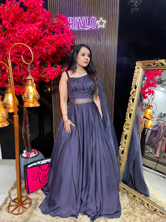 🌙 Black & Mauve Embroidered Gown 🌙 RC593