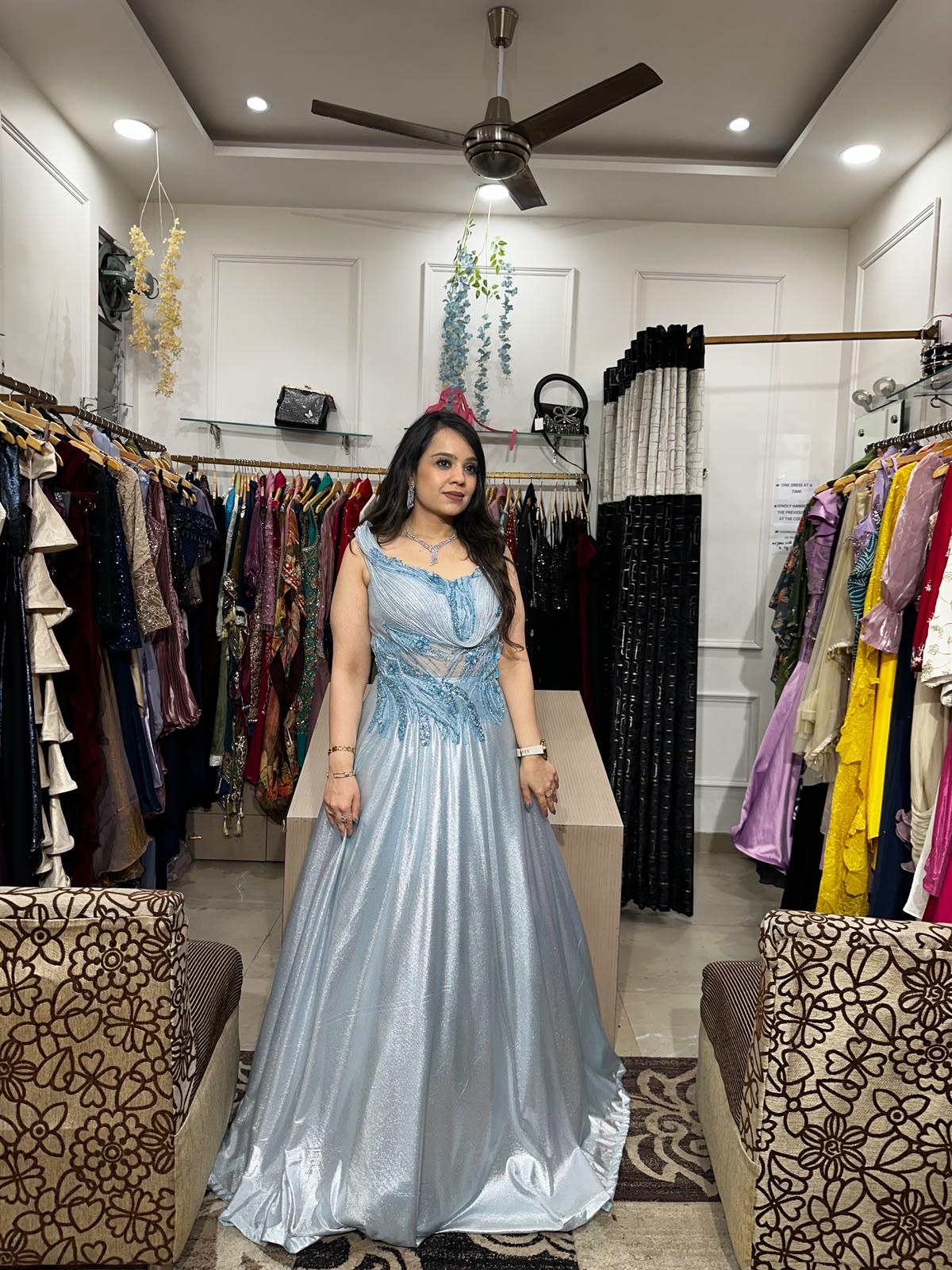 ✨ Ice Blue Gown with 3D Floral Handwork Bodice RC594