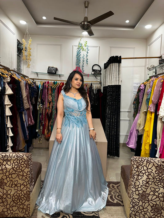 ✨ Ice Blue Gown with 3D Floral Handwork Bodice RC594
