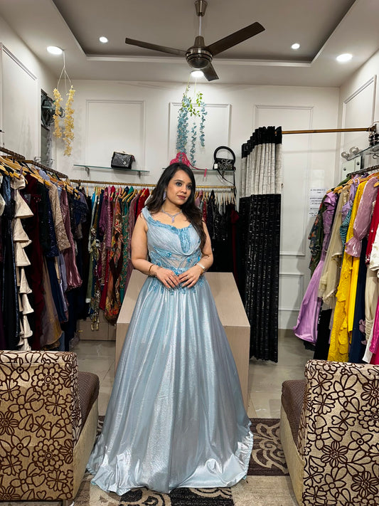 ✨ Ice Blue Gown with 3D Floral Handwork Bodice RC594