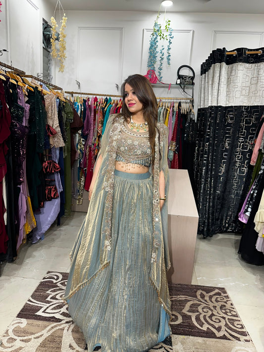 Goldenish Green Cape Lehenga Set AC91