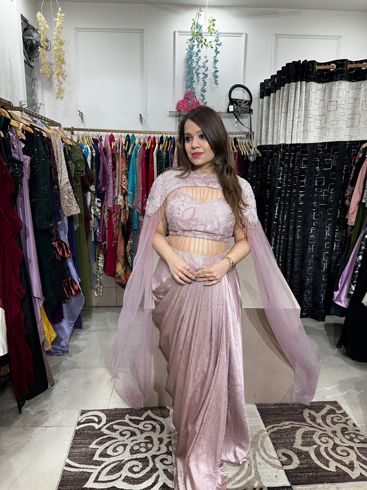 Pink Pearl Cape Drape Saree Set RC608