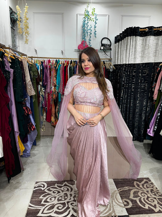 Pink Pearl Cape Drape Saree Set RC608