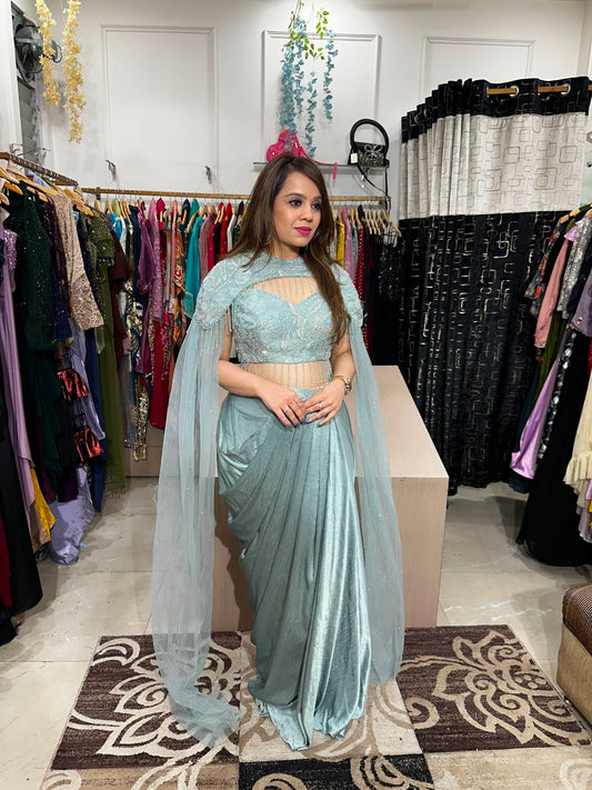 Green Pearl Cape Drape Saree Set RC609