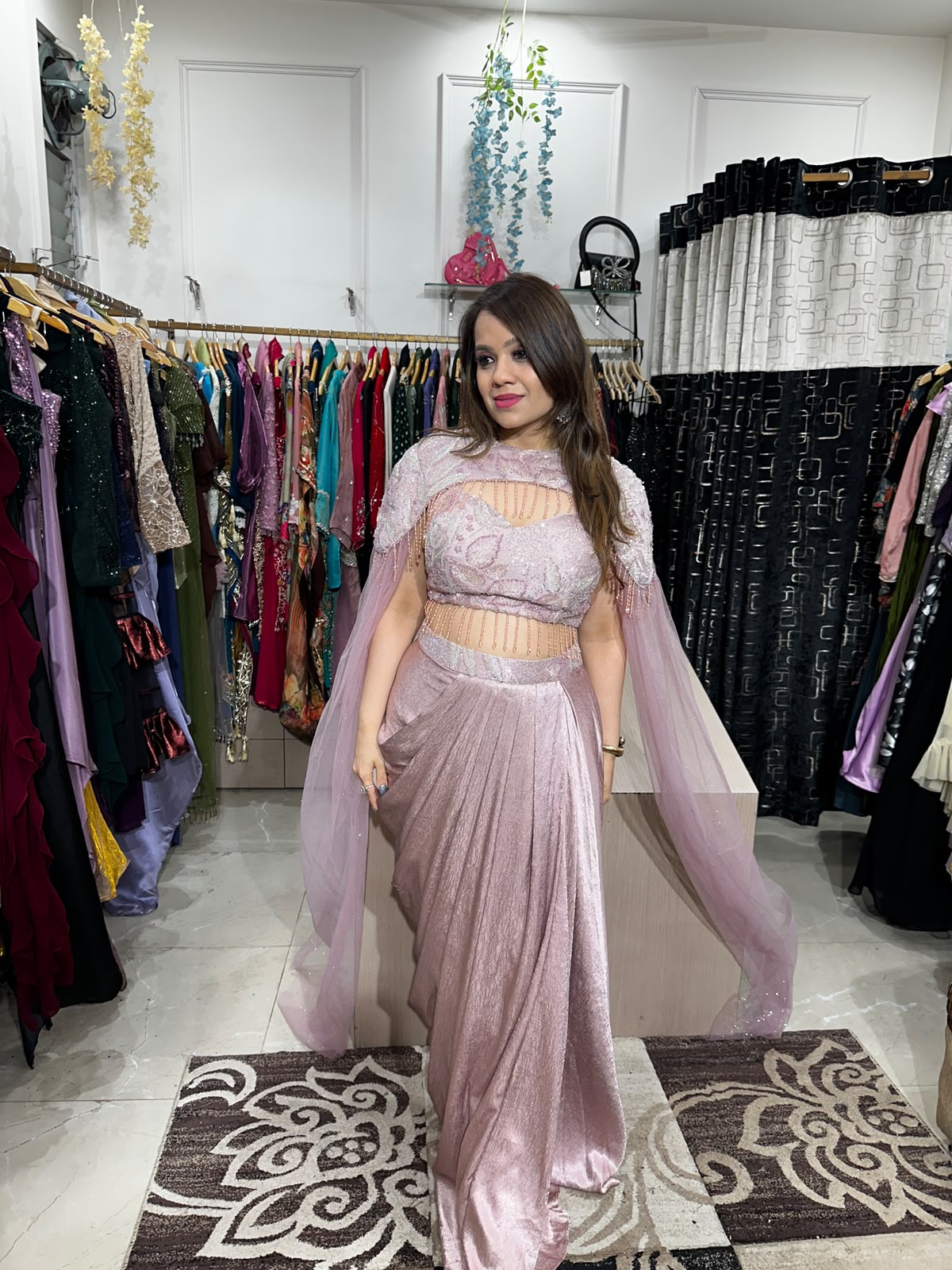 Pink Pearl Cape Drape Saree Set RC608