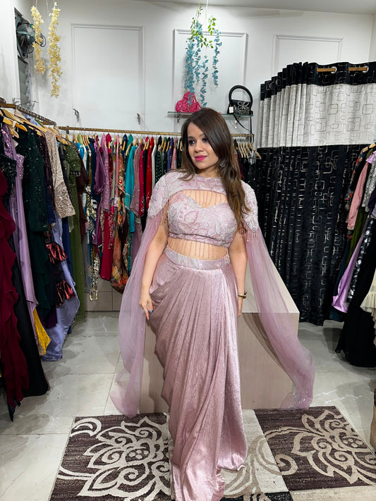 Pink Pearl Cape Drape Saree Set RC608