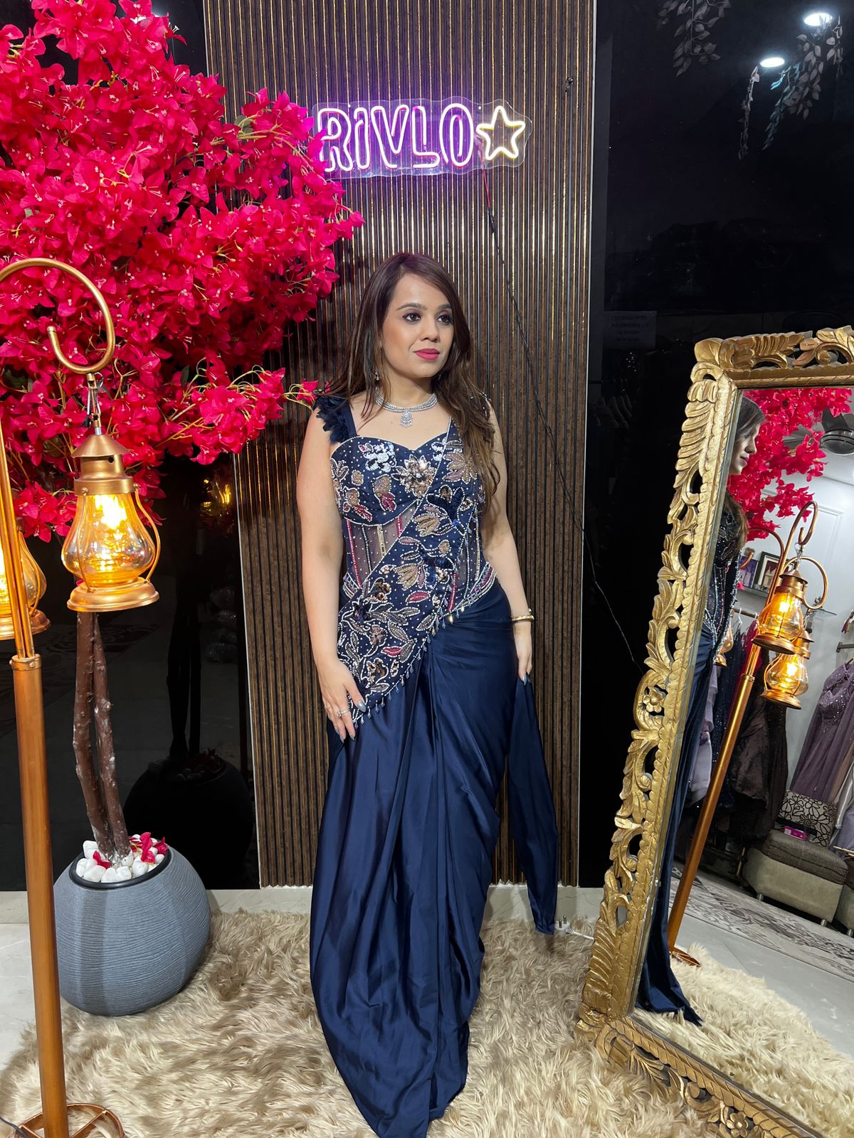 Blue heavy work drape with guitar dupatta RC602