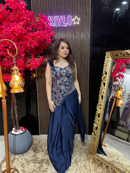 Blue heavy work drape with guitar dupatta RC602