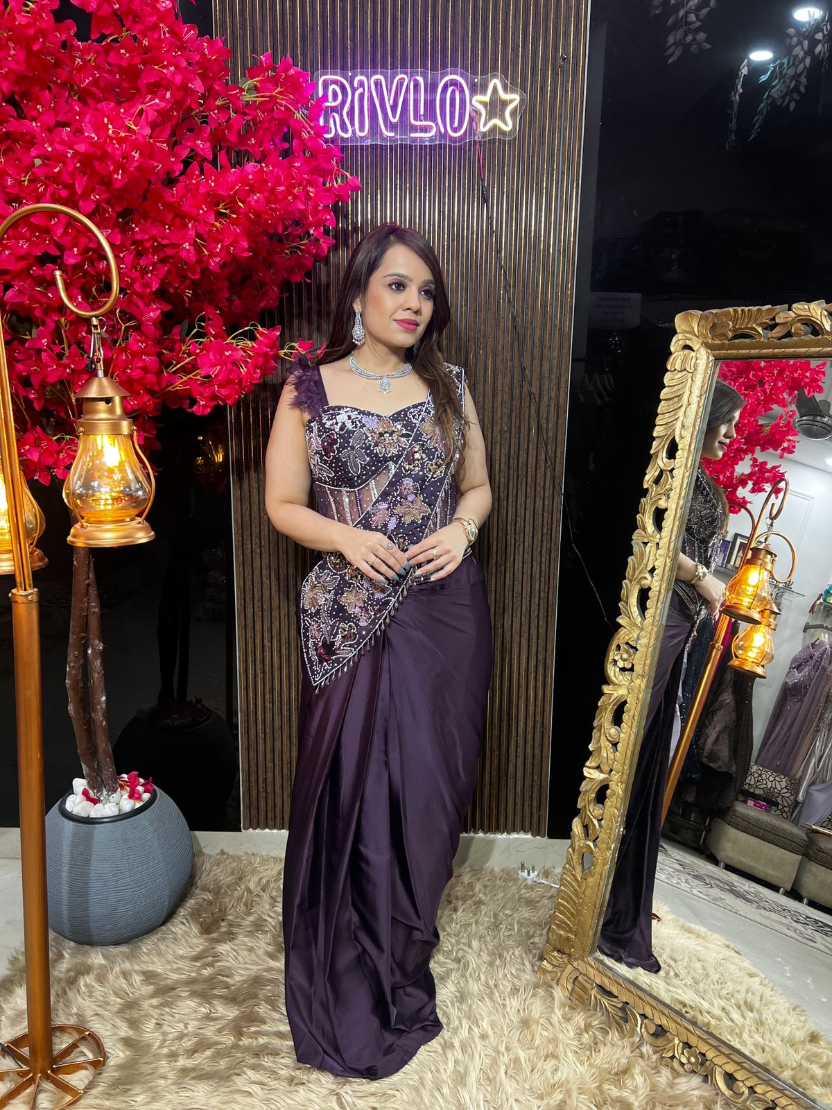 Wine heavy work drape with guitar dupatta RC601