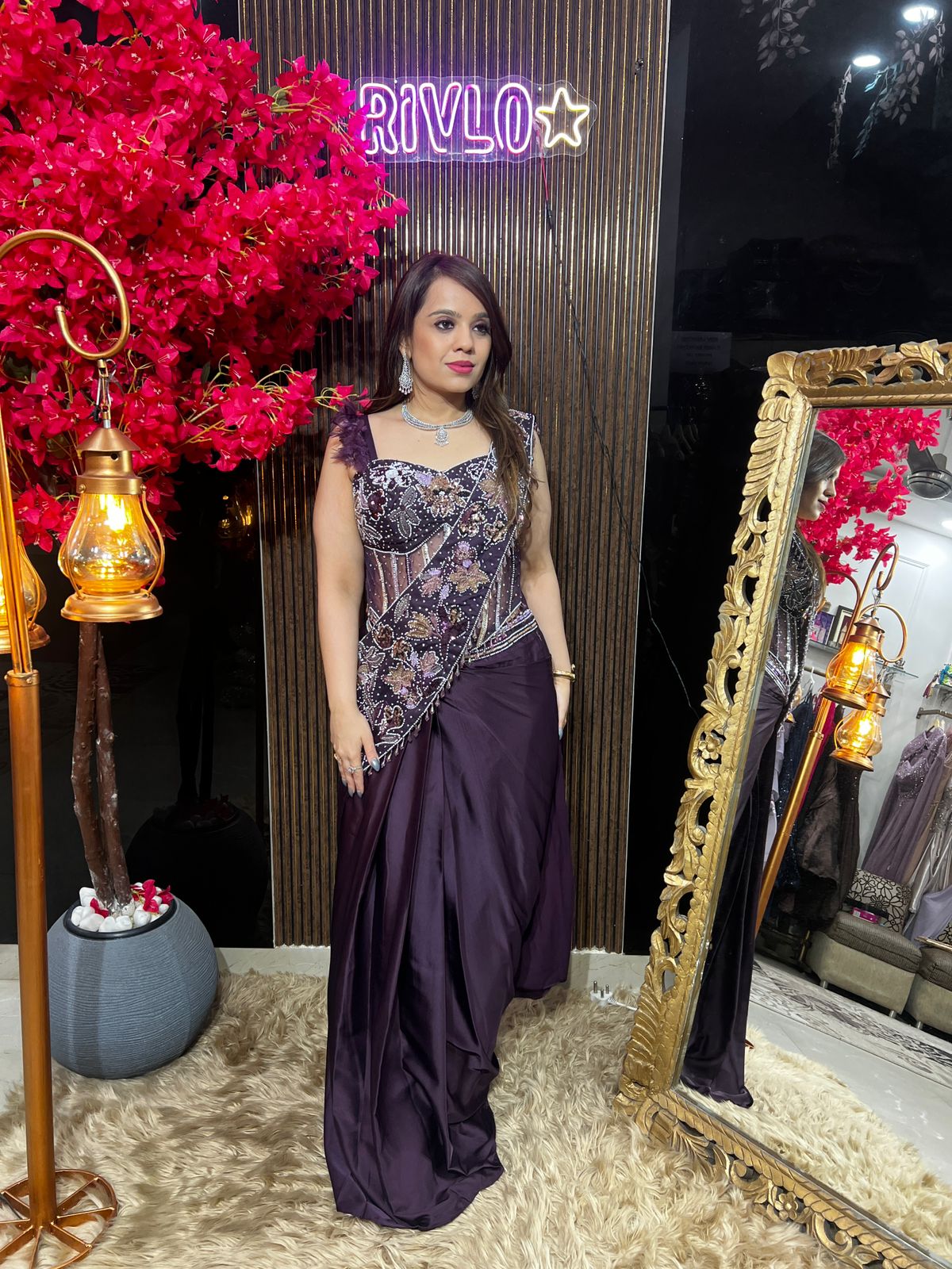 Wine heavy work drape with guitar dupatta RC601