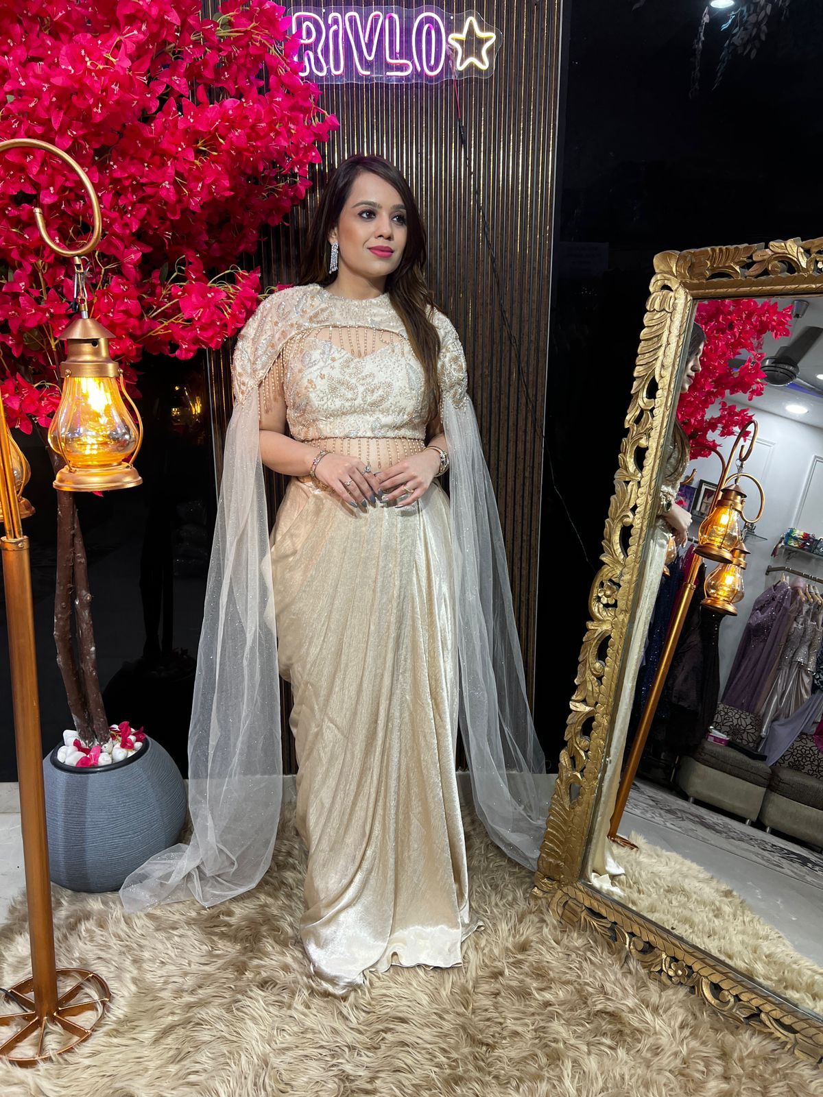 Ivory Pearl Cape Drape Saree Set RC607