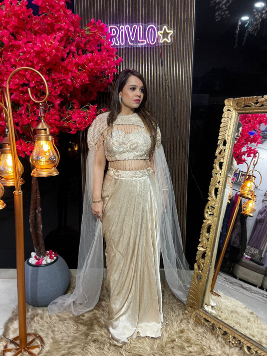 Ivory Pearl Cape Drape Saree Set RC607
