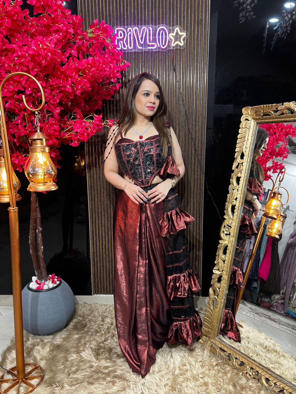 Gold And Electric Red Draped Indo-Western Set with Corset Blouse RC605