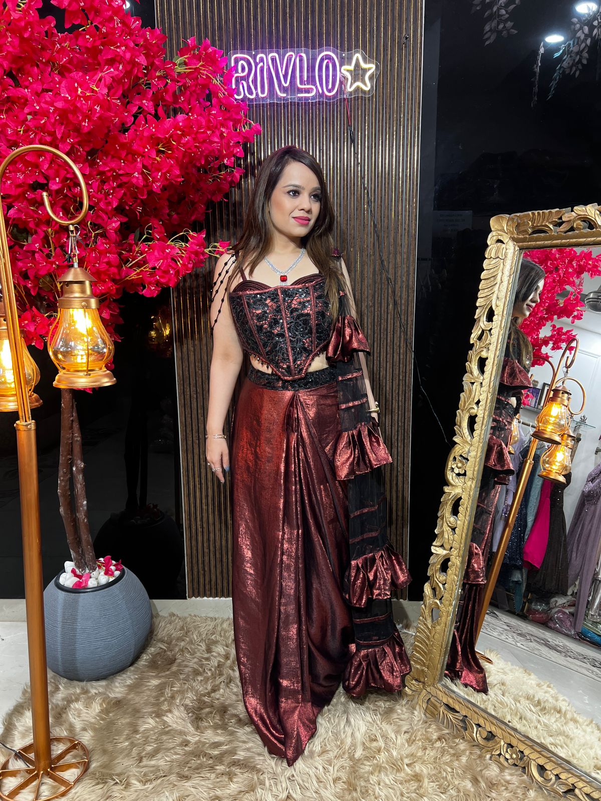 Gold And Electric Red Draped Indo-Western Set with Corset Blouse RC605