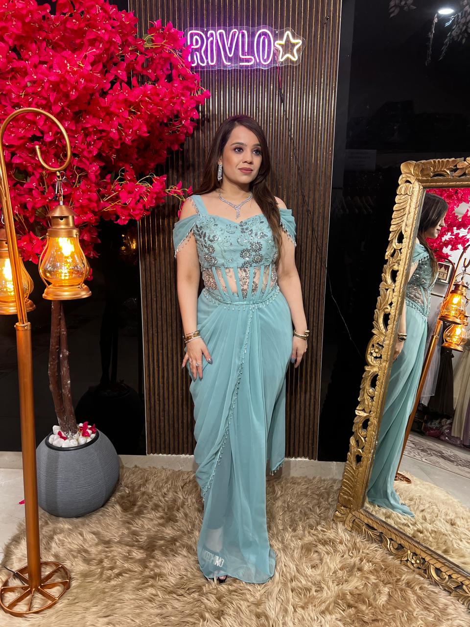 Baby Pink, Fucia & Blue Ruffle Drape Saree RC610