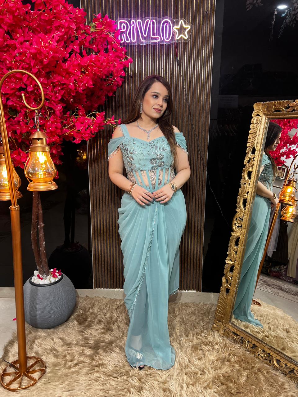 Baby Pink, Fucia & Blue Ruffle Drape Saree RC610