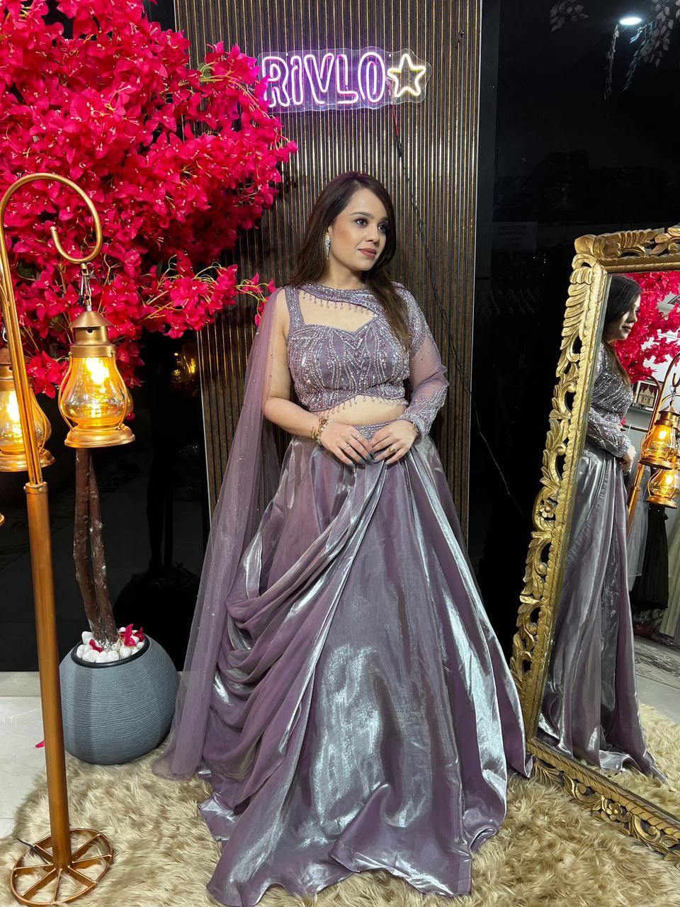 Purple Metallic Taupe Drape Lehenga Set AC101