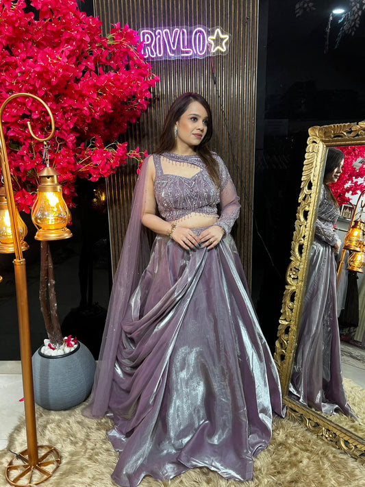 Purple Metallic Taupe Drape Lehenga Set AC101