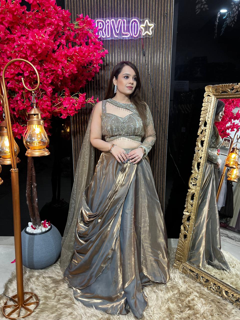 Copper Metallic Taupe Drape Lehenga Set AC100