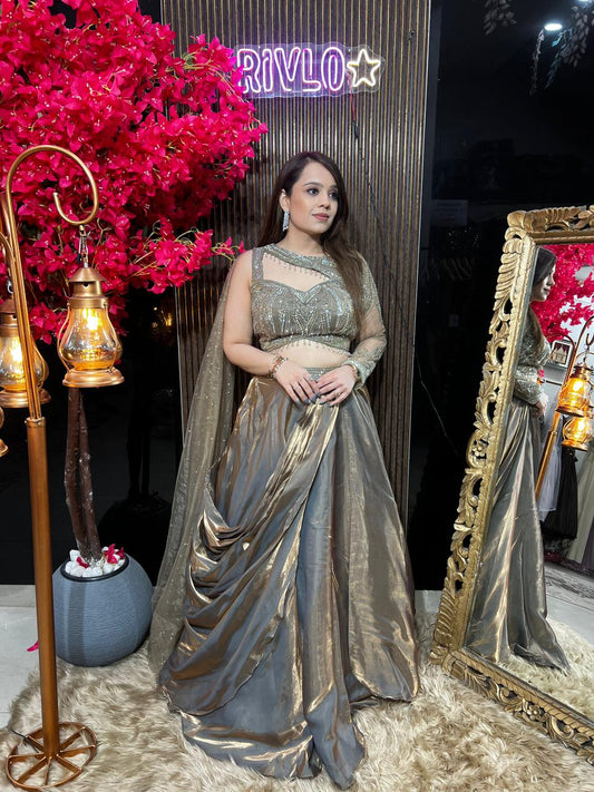 Copper Metallic Taupe Drape Lehenga Set AC100