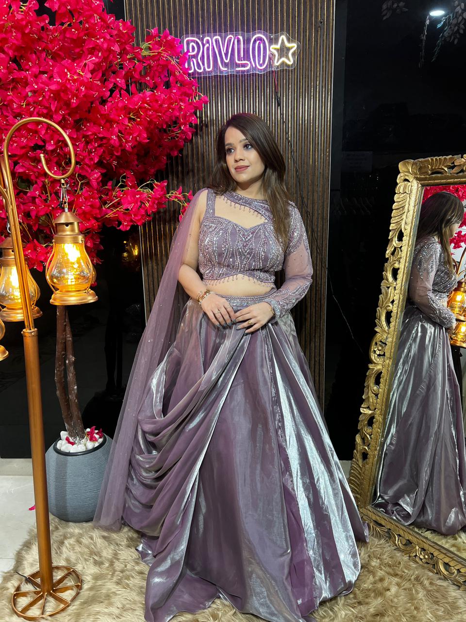 Purple Metallic Taupe Drape Lehenga Set AC101