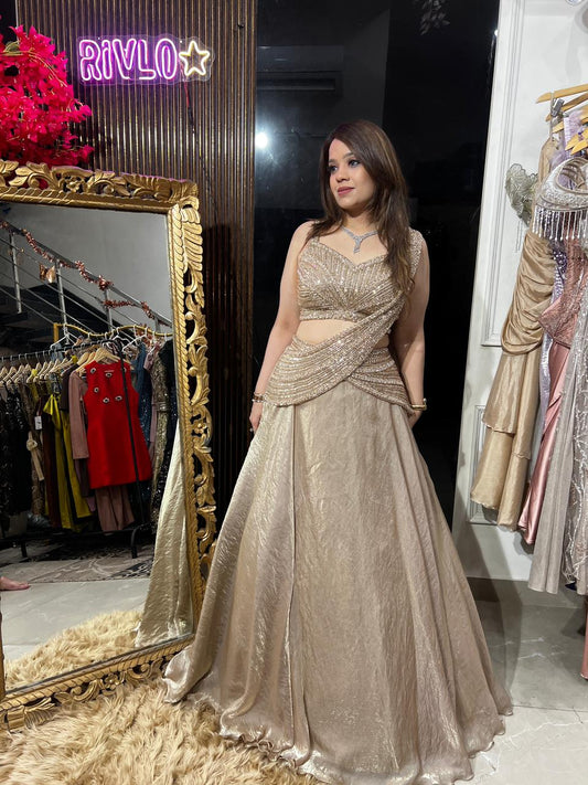Champagne Gold Drape Lehenga Set AC102